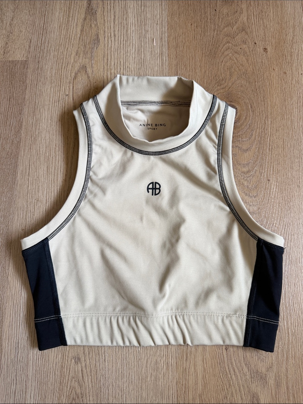 Anine Bing Cream and Black High-Neck Crop Tank